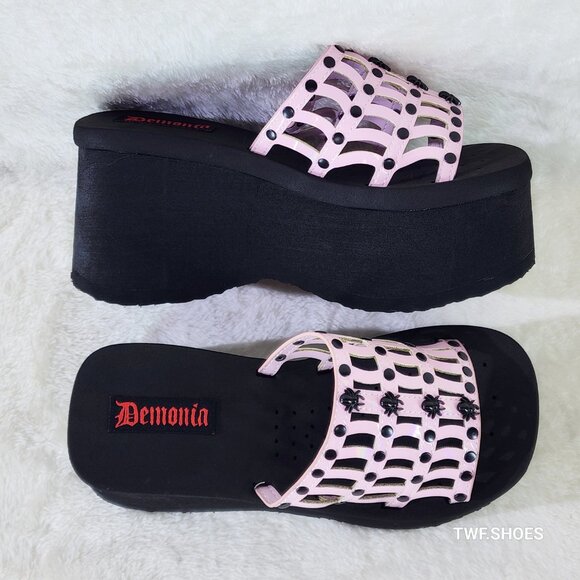 Demonia Shoes - Funn 13 Platform Goth Sandals Pink Hologram Patent Cut Out Web Spider Studs